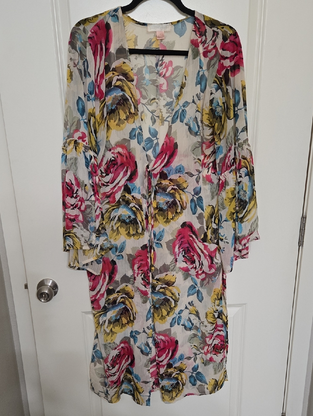 Sheer Floral Kimono with Pink & Yellow Roses